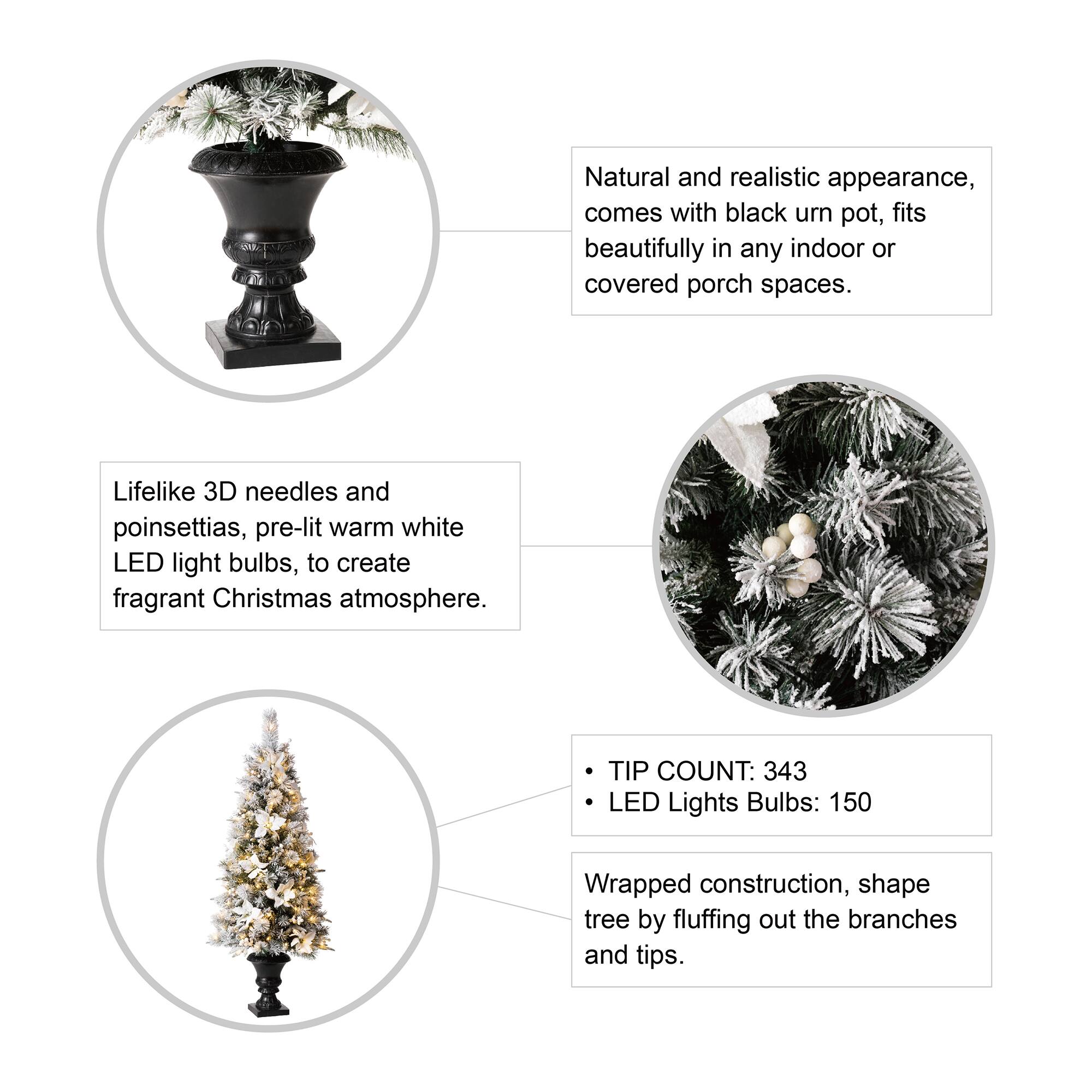 5ft. Pre-Lit Flocked Pine Artificial Christmas Tree in Planter, Warm White LED Lights